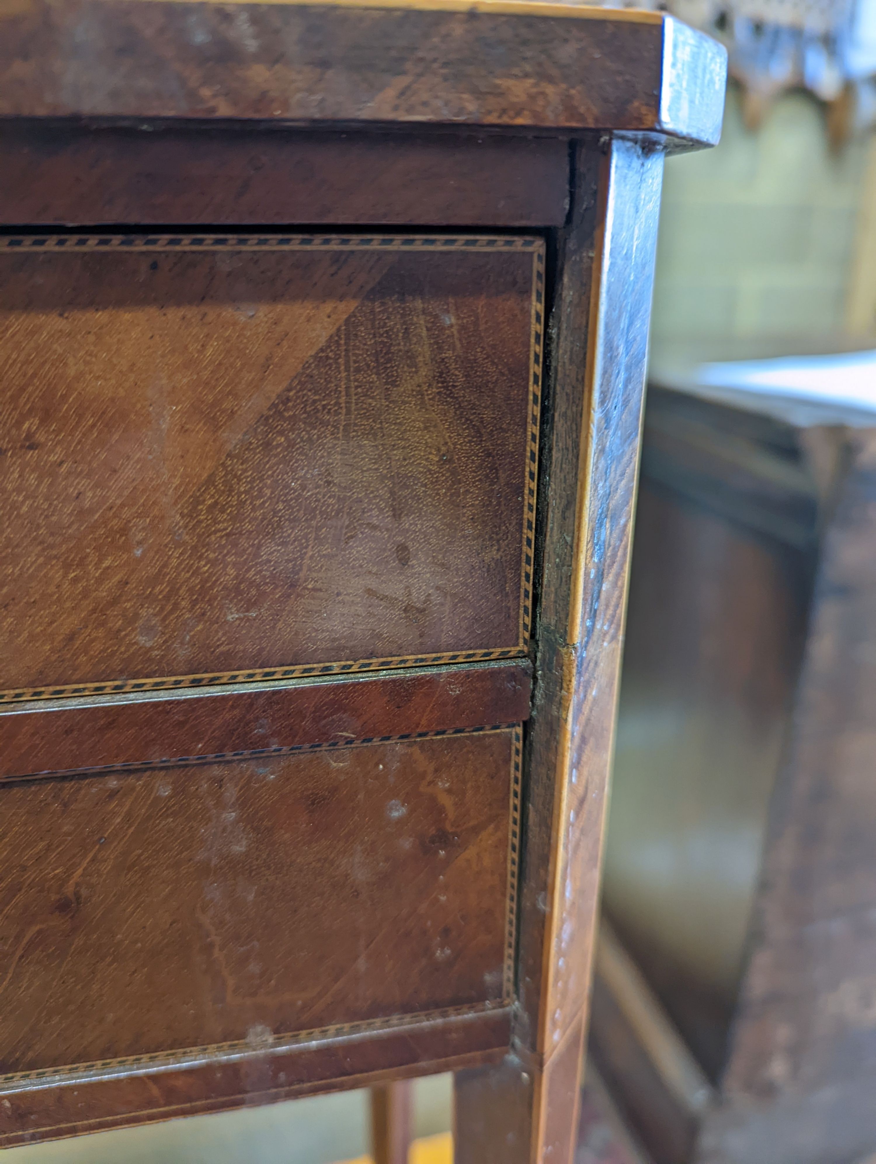 A pair of Sheraton revival inlaid mahogany two drawer bedside tables, width 30cm, height 67cm